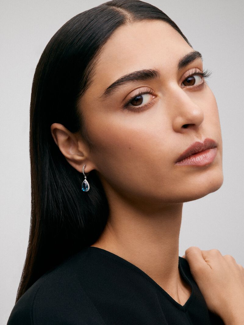 18K White Gold Hoop Earrings with Topaz and Diamond Pendant image number 1