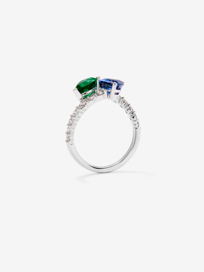 You and I 18k White Gold Ring with intense blue zafiro in 1.49 cts pear size, emerald green in 1.04 cts pear size and white diamonds in a bright size of 0.64 cts image number 4