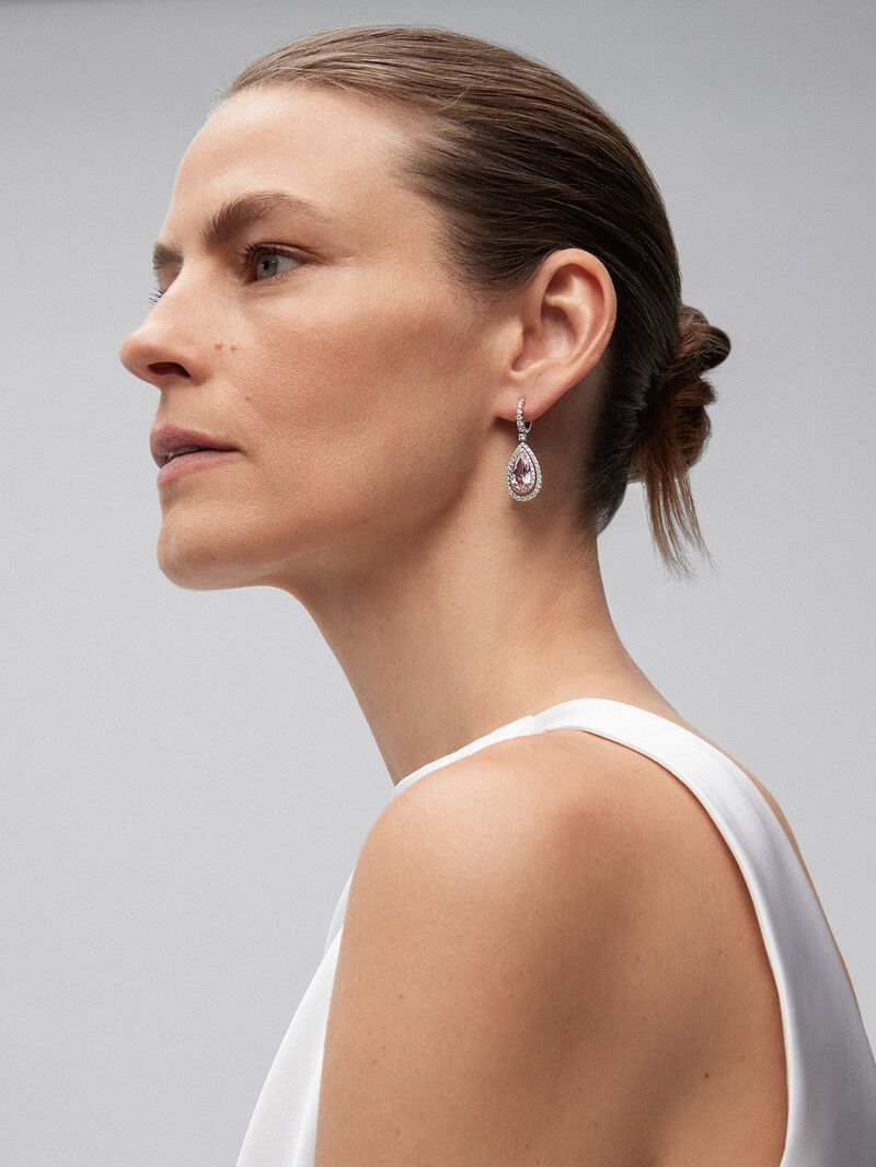 Morganite pear-shaped hoop pendant earrings with 18K white gold and diamonds image number 3