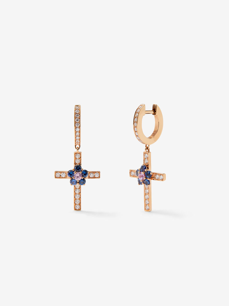 18kt rose gold hoop earrings with diamond cross and flower with sapphires. image number 0