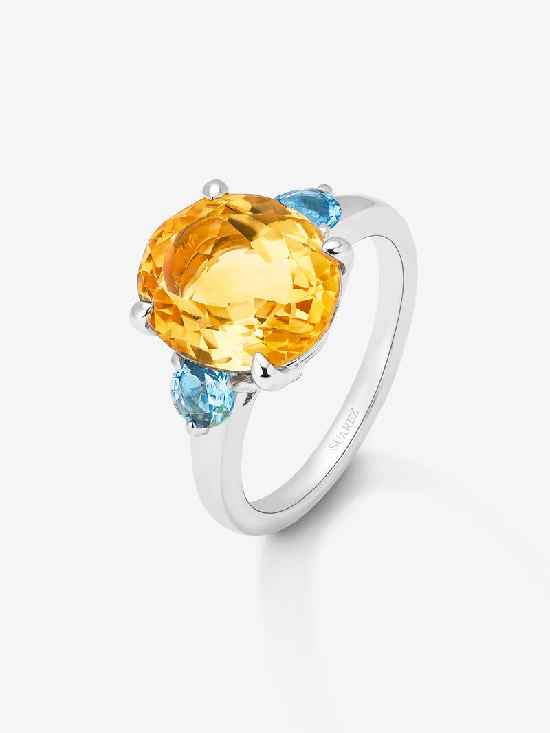 925 silver triple ring with oval-cut citrine quartz and 2 brilliant-cut Swiss blue topazes image number 0