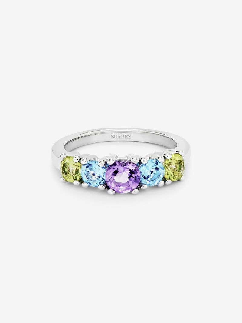 925 silver cinquillo ring with 2 peridots, a purple amethyst, and brilliant-cut Swiss blue topazes image number 2