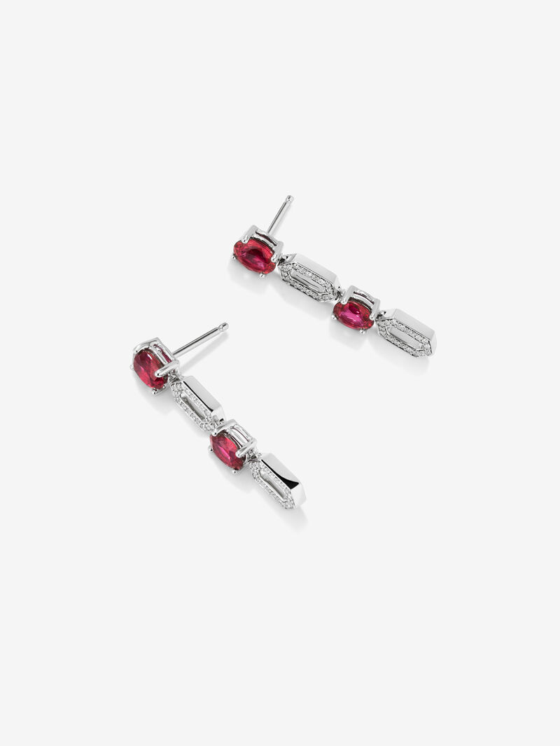 Long 18kt white gold earrings with diamonds and oval rubies. image number 2
