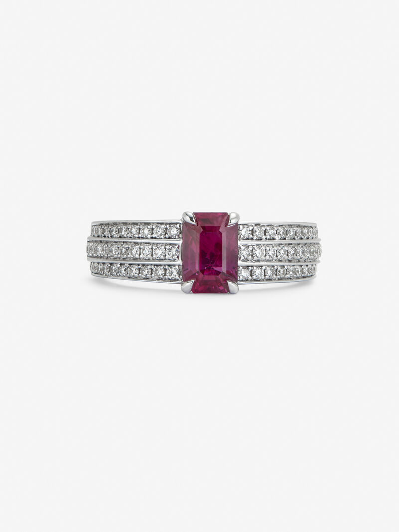 18K white gold ring with octagonal-cut pigeon blood ruby ​​of 1.28 cts and 68 brilliant-cut diamonds with a total of 0.39 cts image number 2