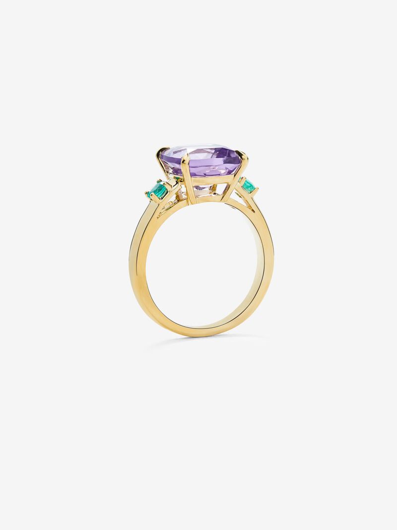 18K yellow gold triple ring with cushion-cut purple amethyst of 3.53 cts and 2 brilliant-cut green emeralds with a total of 0.19 cts image number 3