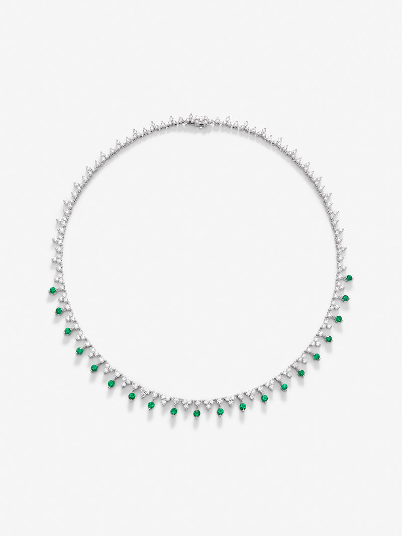 18K White Gold Rivière Necklace with green emeralds in bright size 1.72 cts and white diamonds in 6.53 cts image number 0