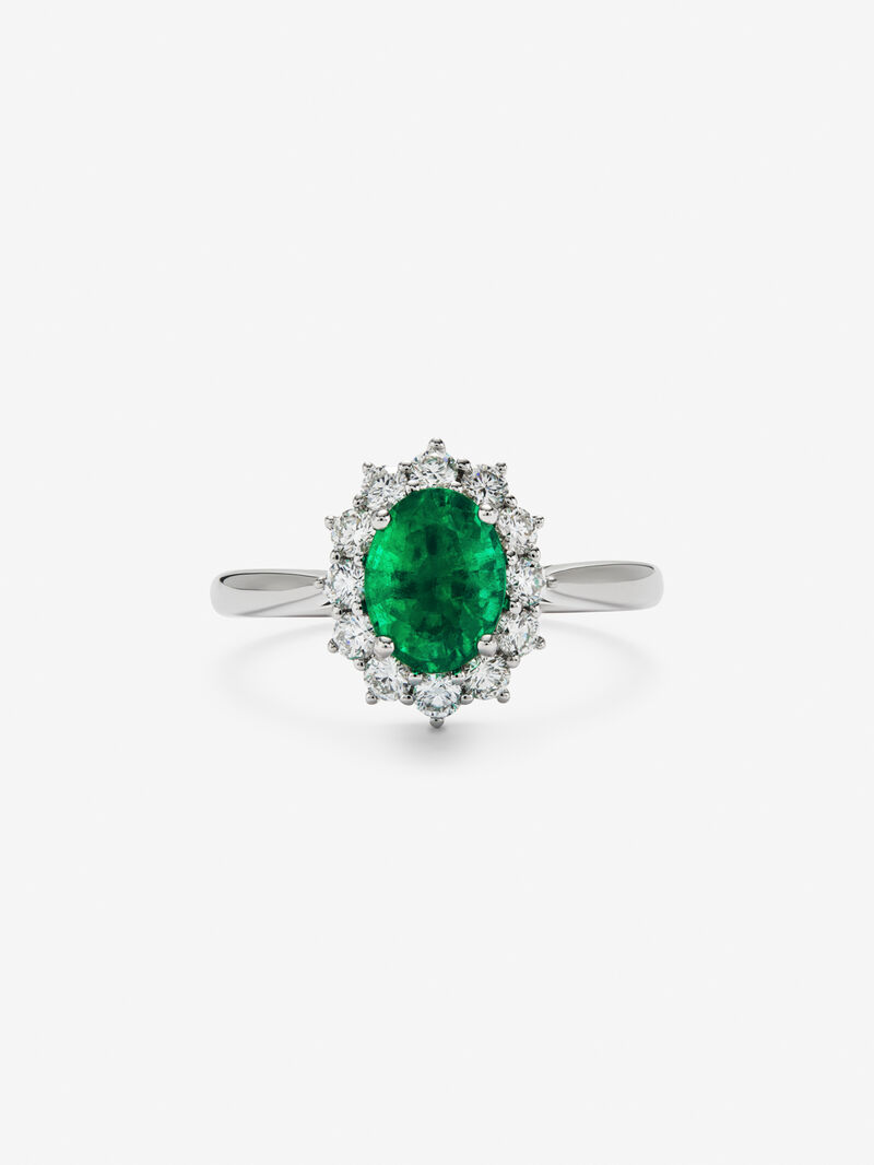 18K white gold ring with oval-cut green emerald of 1.42 cts and 12 brilliant-cut diamonds with a total of 0.45 cts image number 1