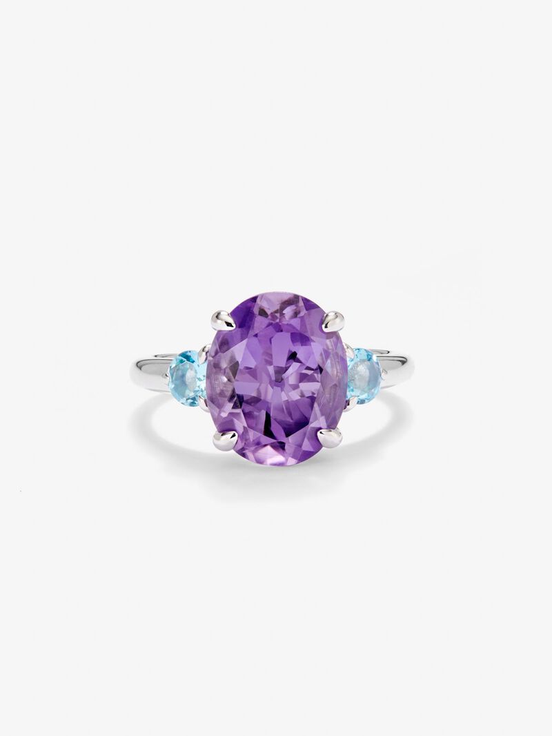 925 silver triple ring with oval-cut purple amethyst and 2 brilliant-cut Swiss blue topazes image number 2