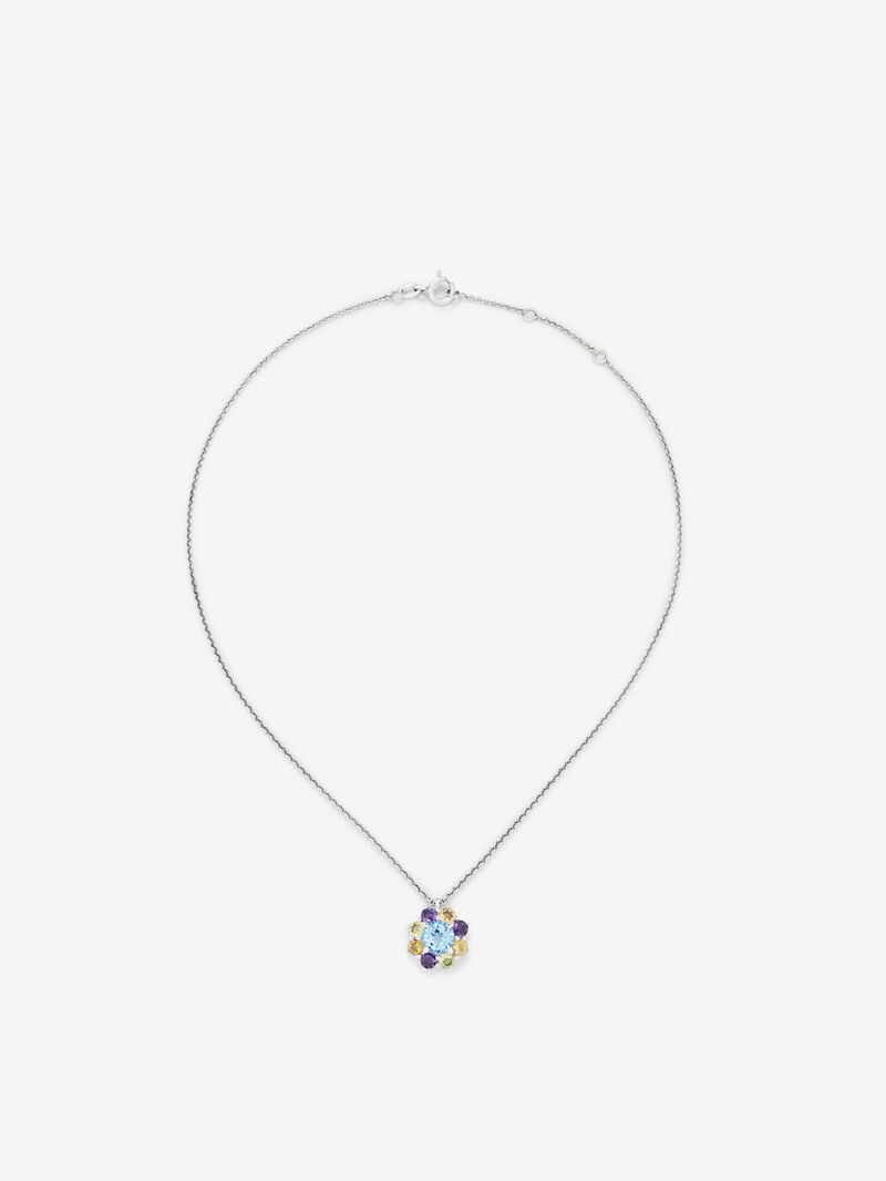 Pendant necklace with a 925 silver rosette embellished with multicolored gems. image number 0