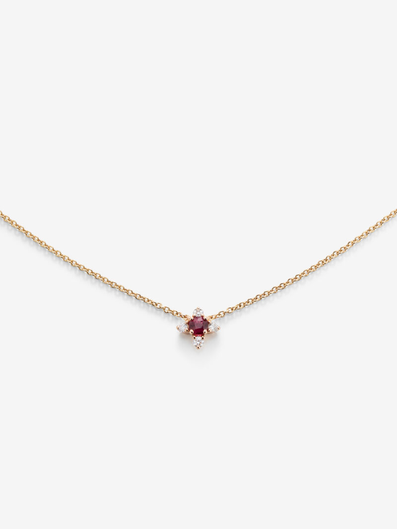 18K rose gold flower pendant chain with ruby and diamonds. image number 2
