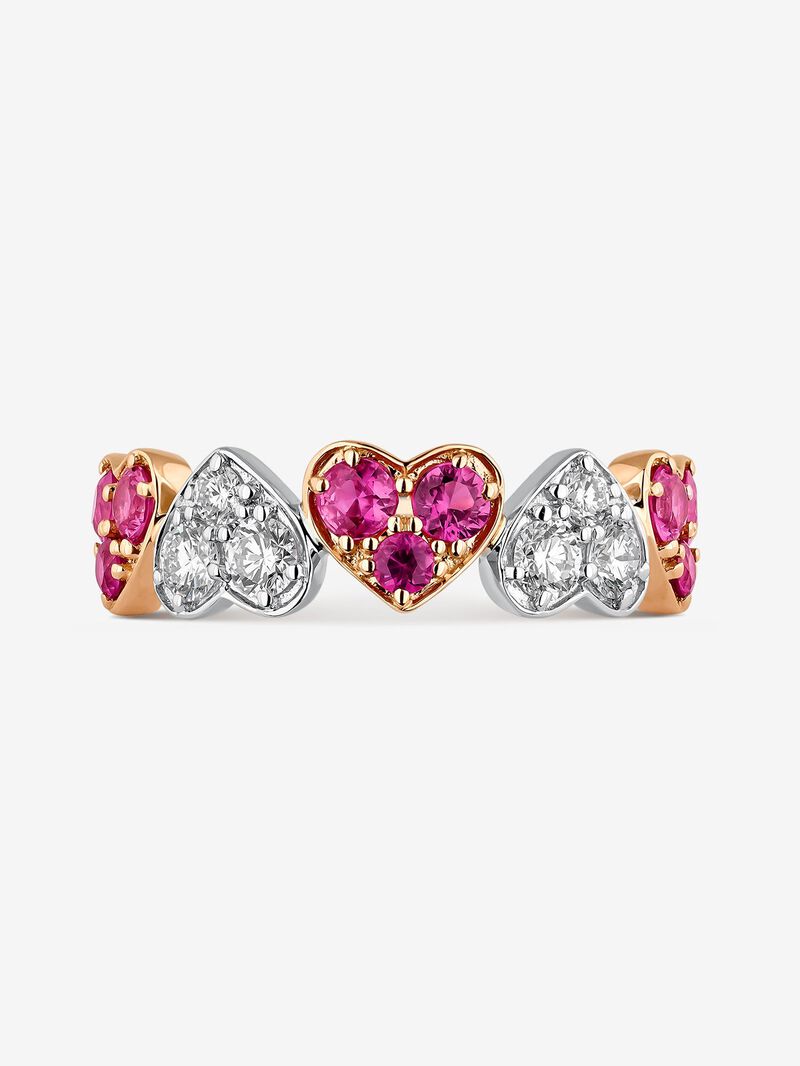Rose gold and 18kt white gold hearts ring with pink sapphires and diamonds. image number 2