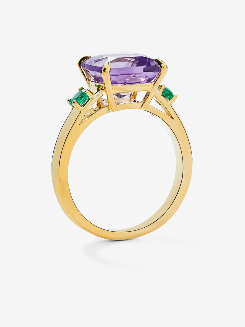 18K yellow gold triple ring with cushion-cut purple amethyst of 3.53 cts and 2 brilliant-cut green emeralds with a total of 0.19 cts image number 3