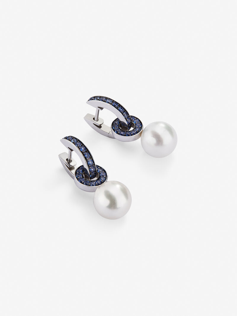 925 Silver double hoop earring combined with a 9mm Akoya pearl and sapphire. image number 2