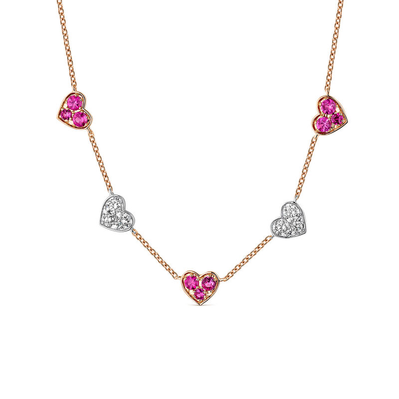 Collar corazones de oro rosa y oro blanco de 18kt con zafiros rosas y diamantes, PT20036-OROBDZR_V