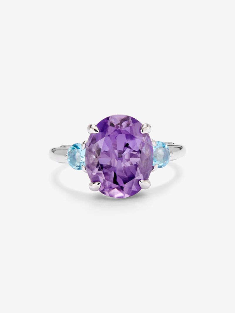 925 silver triple ring with oval-cut purple amethyst and 2 brilliant-cut Swiss blue topazes image number 2