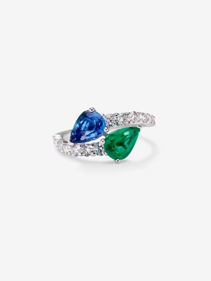 You and I 18k White Gold Ring with intense blue zafiro in 1.49 cts pear size, emerald green in 1.04 cts pear size and white diamonds in a bright size of 0.64 cts image number 2