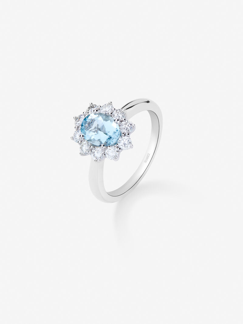 18K White Gold Star Ring with Aguamarina and Diamond image number 1