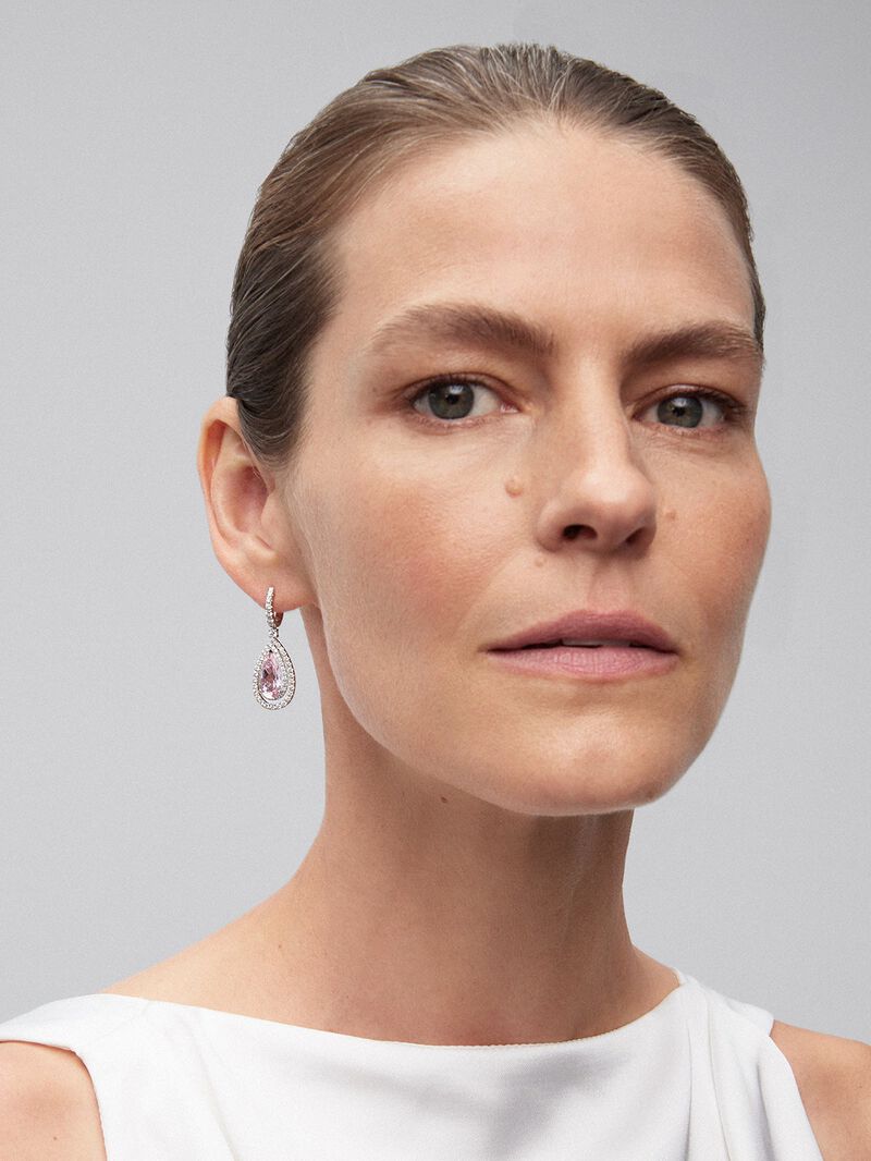 Morganite pear-shaped hoop pendant earrings with 18K white gold and diamonds image number 1