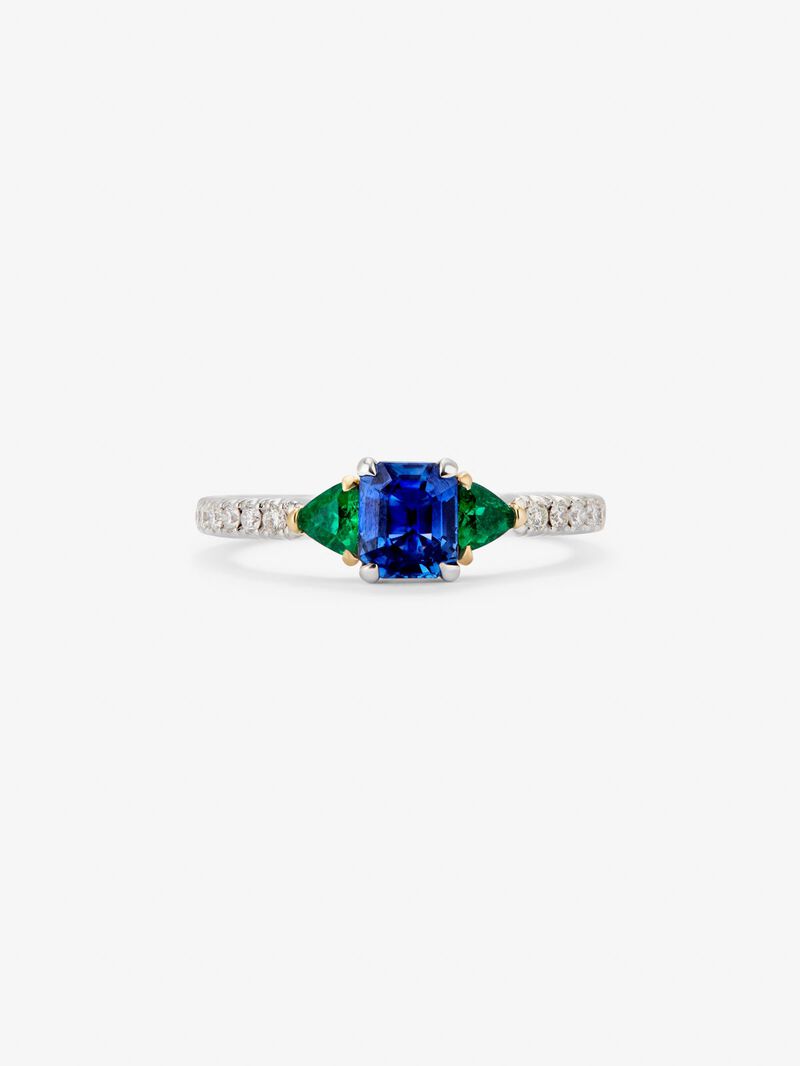 18K white gold ring with blue sapphire in octagonal size of 0.94 cts, green emeralds in 0.22 cts and white diamonds in a bright size of 0.028 cts image number 2