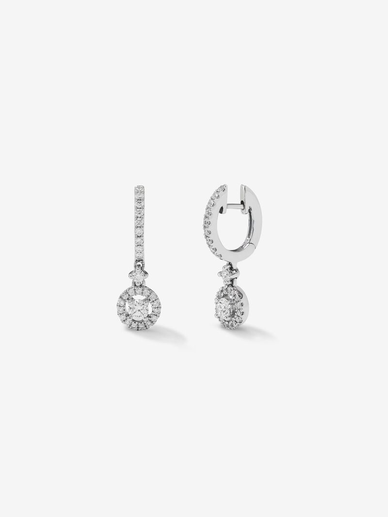 Solitaire pendant hoop earrings with 18K white gold rim encrusted with diamonds. image number 0
