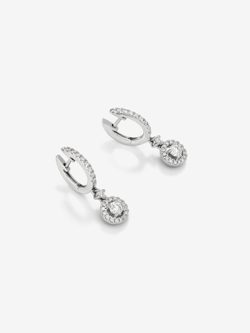 Solitaire pendant hoop earrings with 18K white gold rim encrusted with diamonds. image number 2