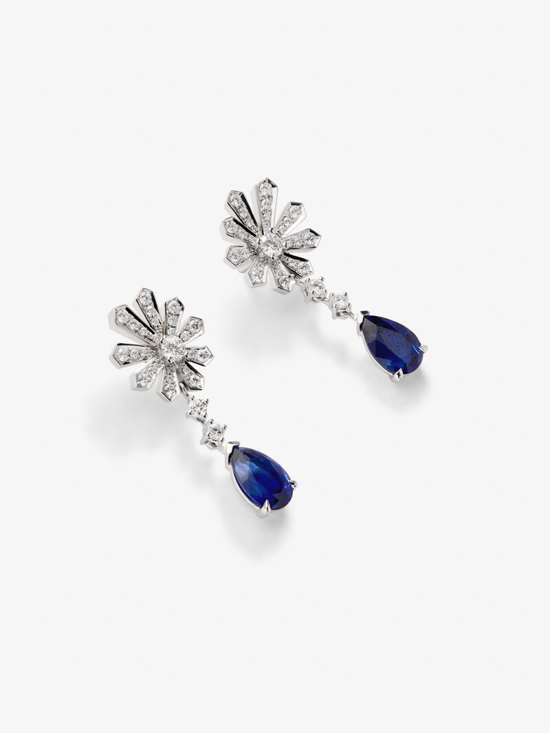 18K white gold earrings with royal blue sapping in 2.32 cts pear size, blue slope of 2.15 and 0.95 cts white diamonds image number 2