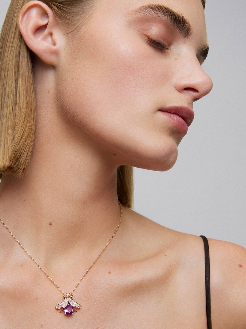 18K Rose Gold Insect Pendant Chain with Amethyst and Pink Sapphire image number 1
