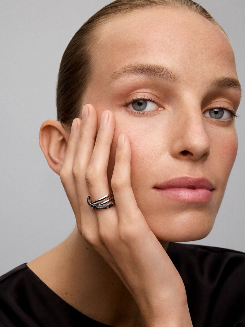 925 silver crossed multi-arm ring with brilliant-cut black spinels image number 1