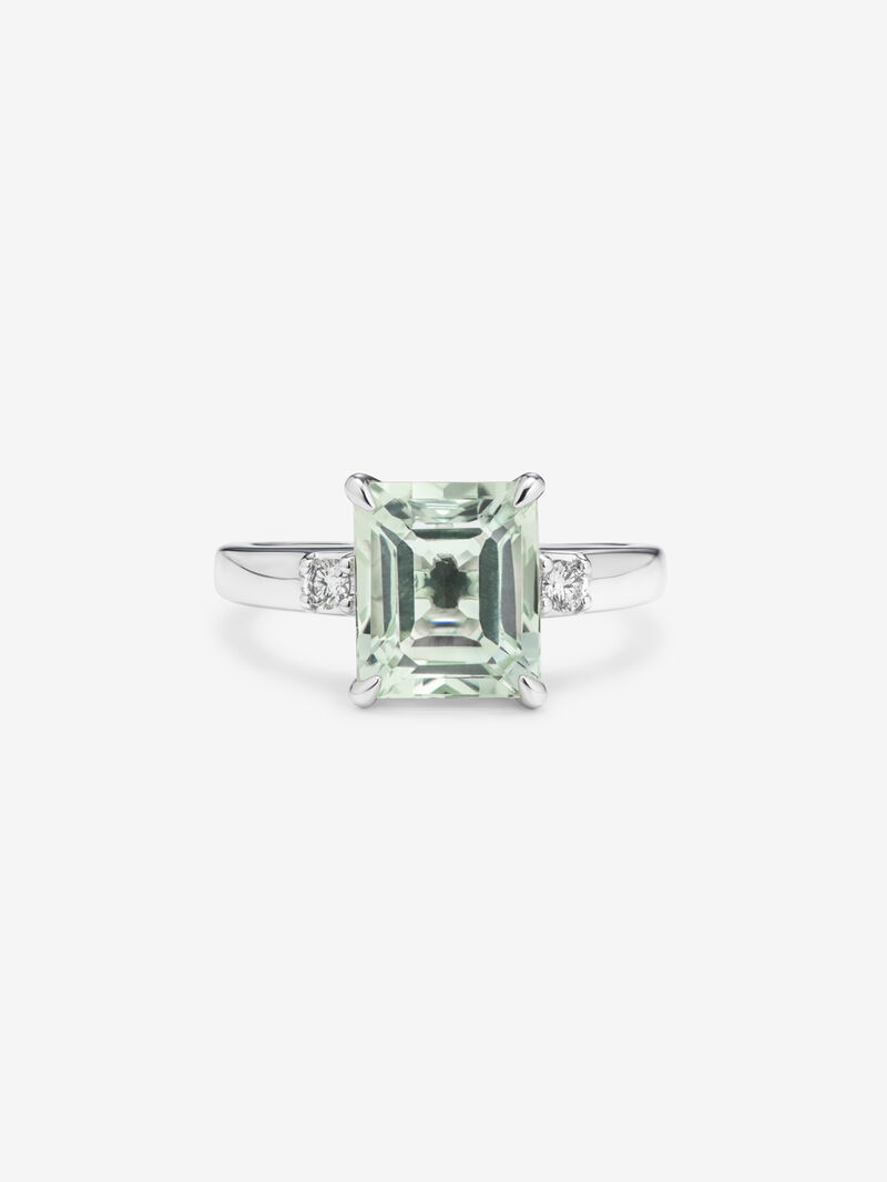 Silver ring with green amethyst and diamonds image number 2
