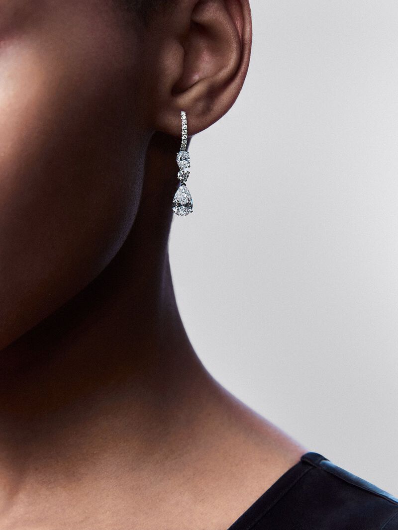 18K White Gold Solitaire Hanging Hoop Earrings with Diamonds image number 1