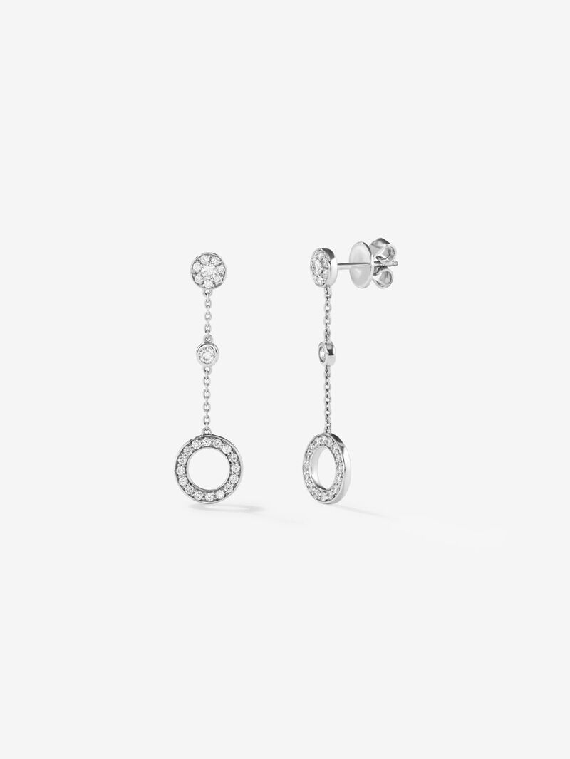 Long 18kt white gold chain earrings with circular diamond motifs. image number 0