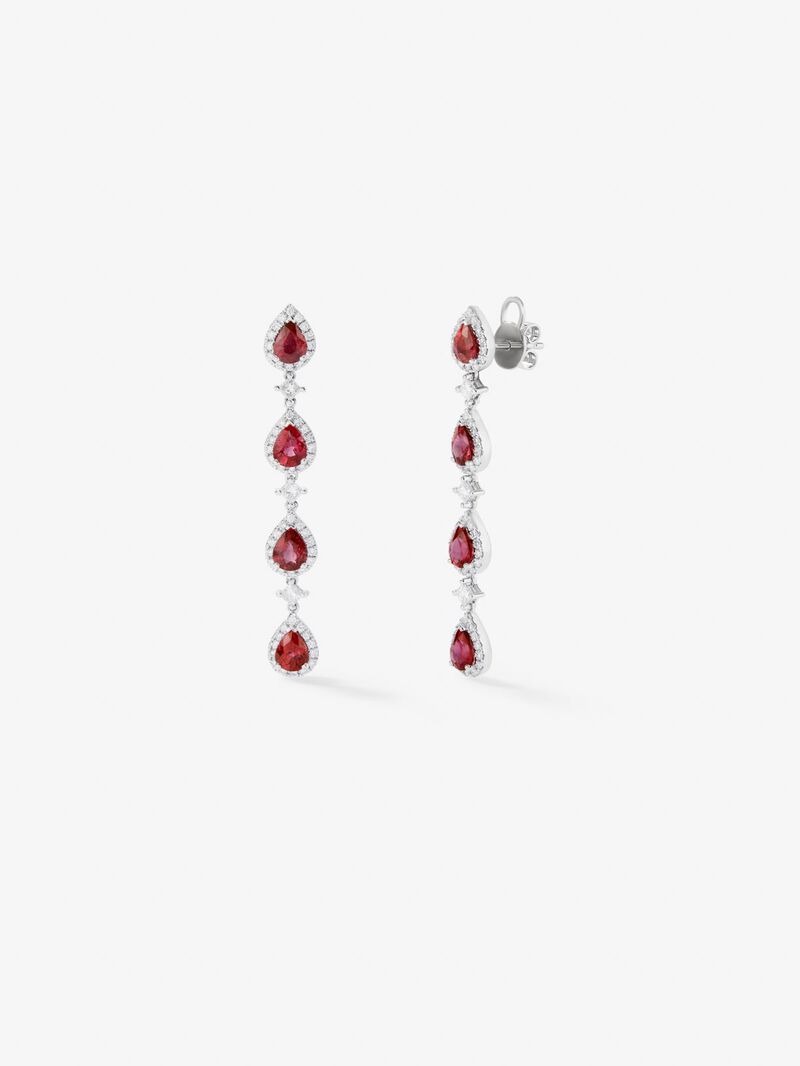 18k white gold earrings with red rubies in pear size 2.86 cts and white diamonds in bright size and 0.73 cts princess image number 0