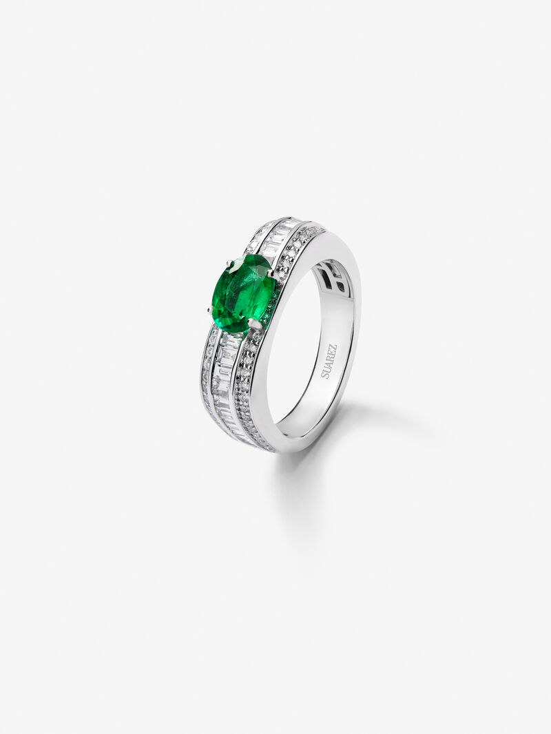18K white gold ring with green emerald in oval size of 0.91 cts and white diamonds in bright size and 0.74 cts bag image number 0