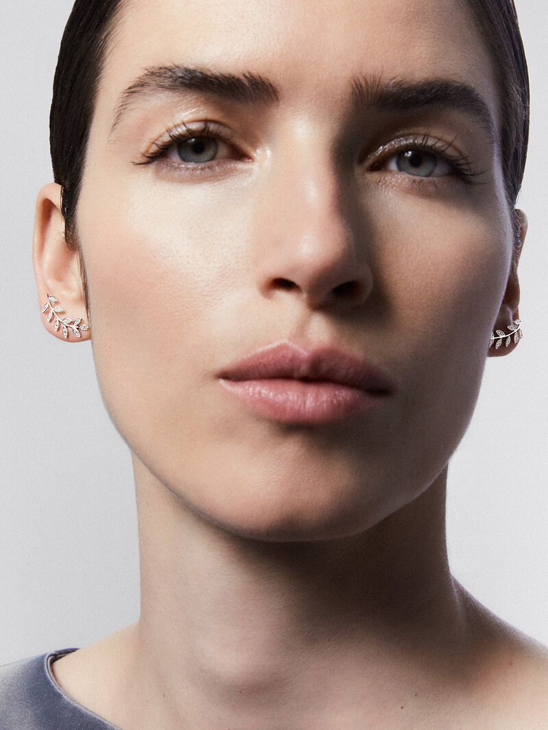 18K White Gold Climber Earrings with Diamond Leaves image number 0