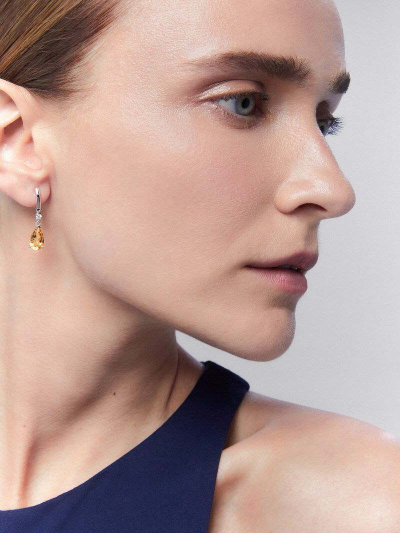 925 Silver hoop earrings with citrine and hanging diamond image number 3