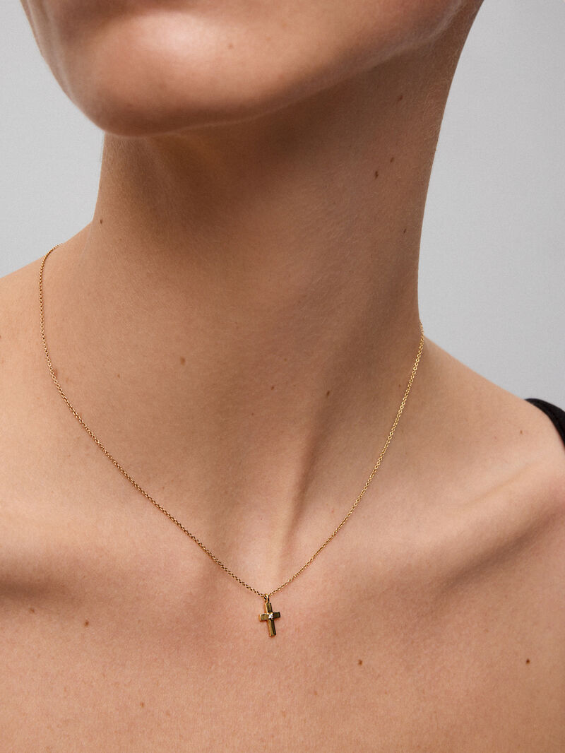 18K yellow gold pendant with large cross and 0.01 ct brilliant cut diamond image number 1