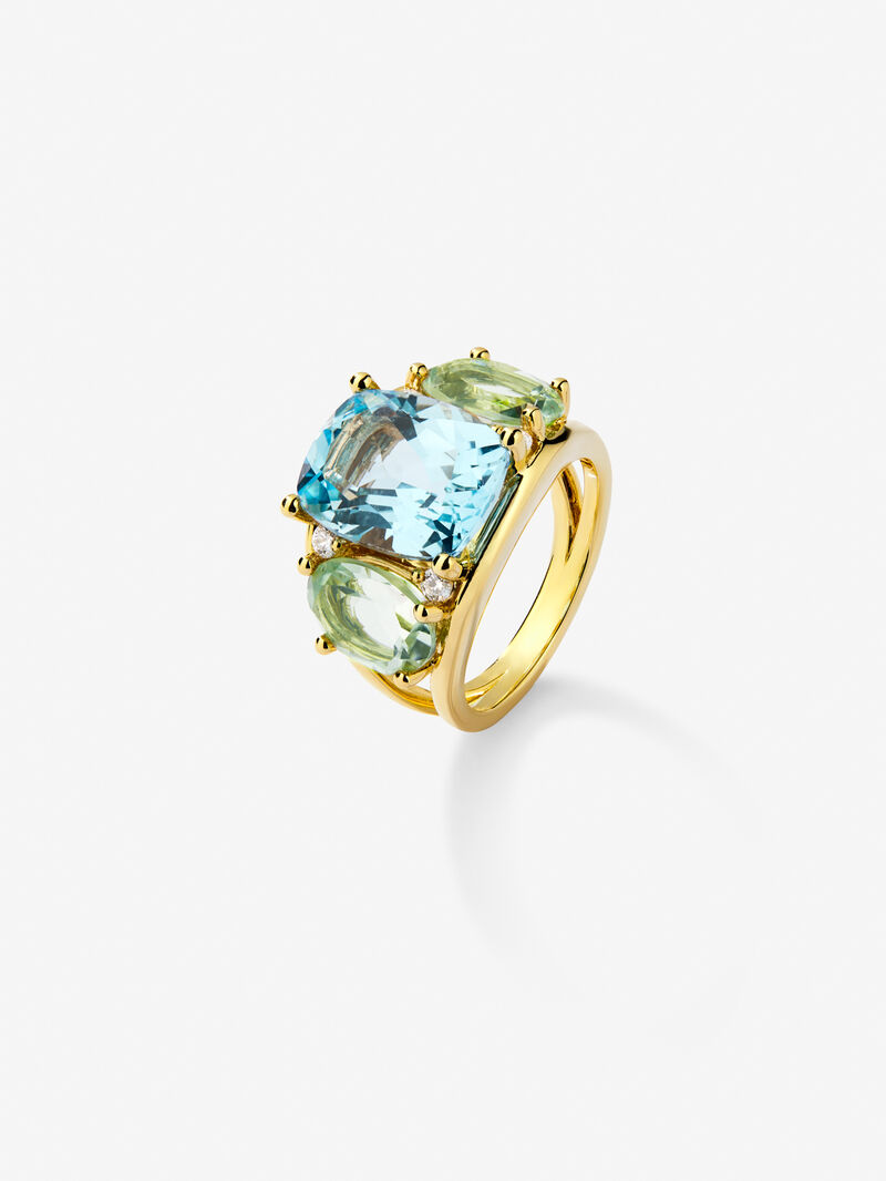18kt yellow gold ring with diamonds, Sky Topacios and Green Ameatists image number 0