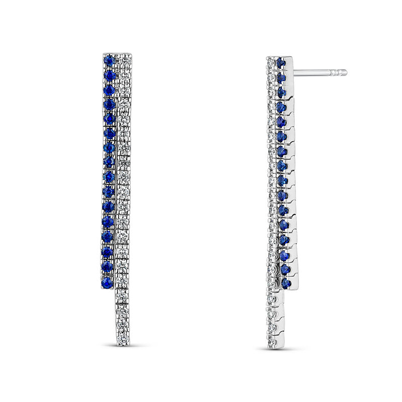 Pendientes largos doble hilera de oro blanco de 18kt con diamantes y zafiros azules, PE19213-OBDZ_V