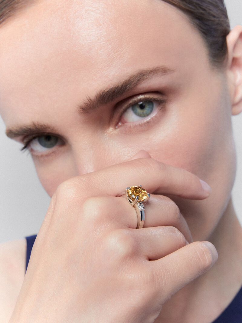 928 Silver triplet ring with citrine and diamonds. image number 1