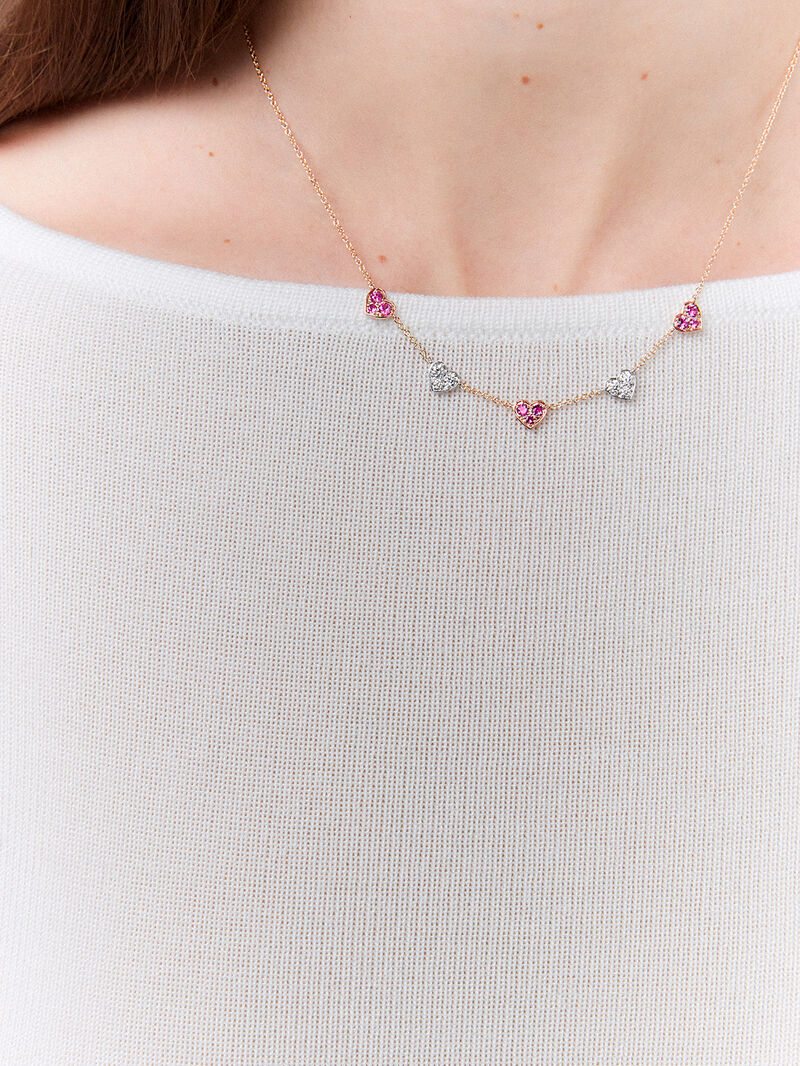 18kt Rose Gold and White Gold Heart Necklace with Pink Sapphires and Diamonds. image number 3