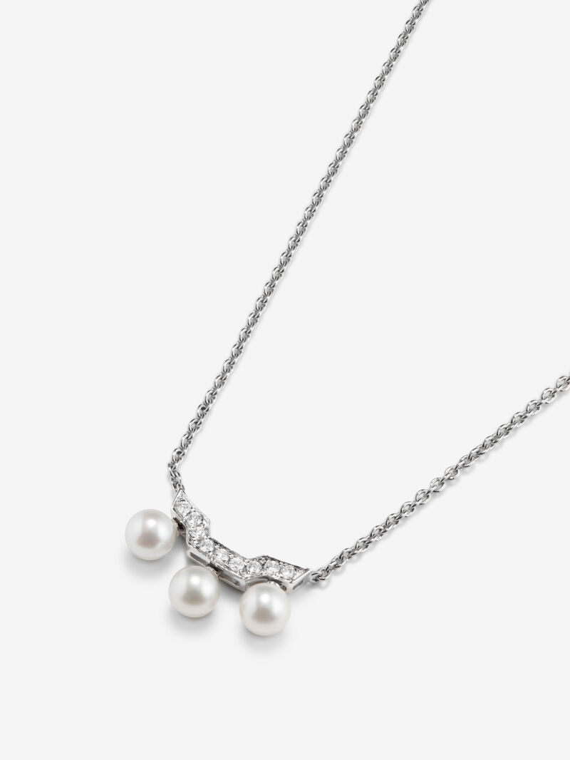 18k white gold pendant chain with three Akoya pearls and diamonds. image number 2