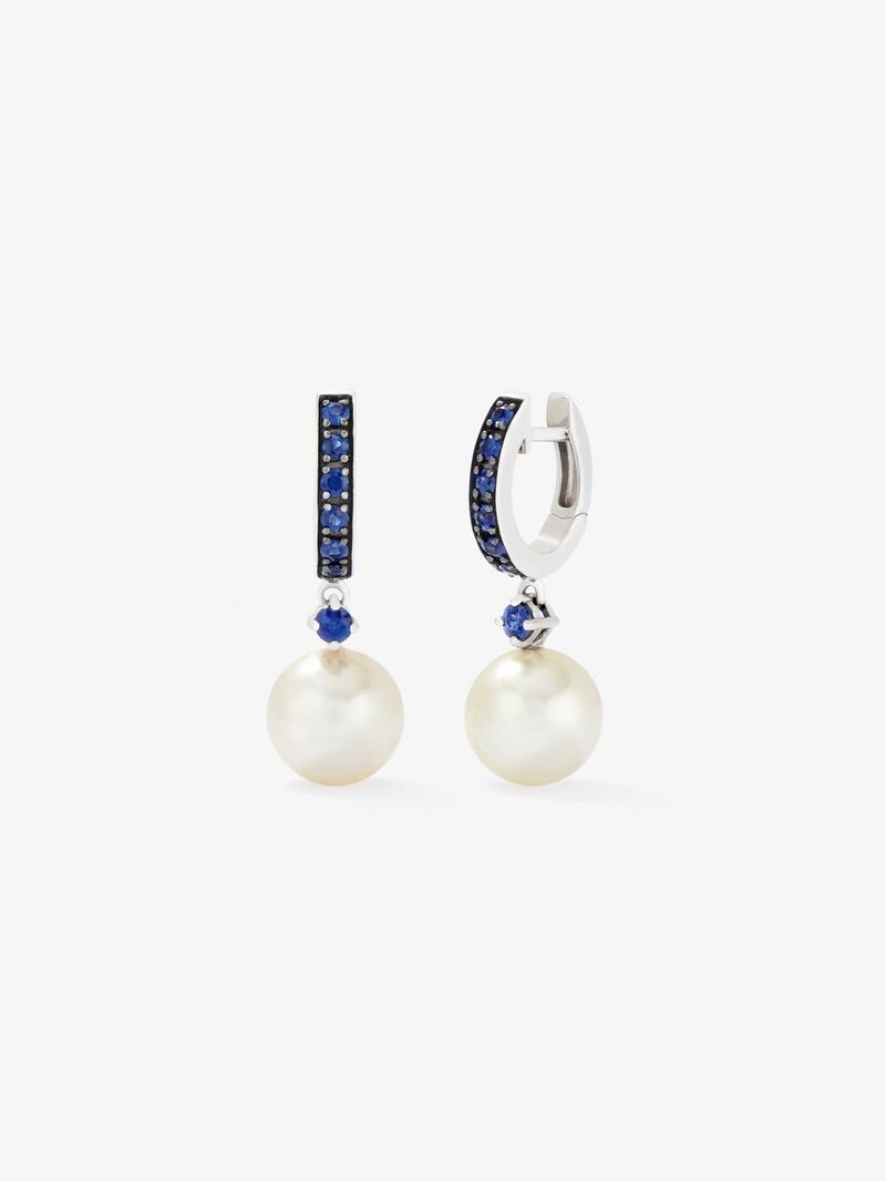 925 Silver hoop earring combined with 8.5 mm Australian pearl and sapphire. image number 0