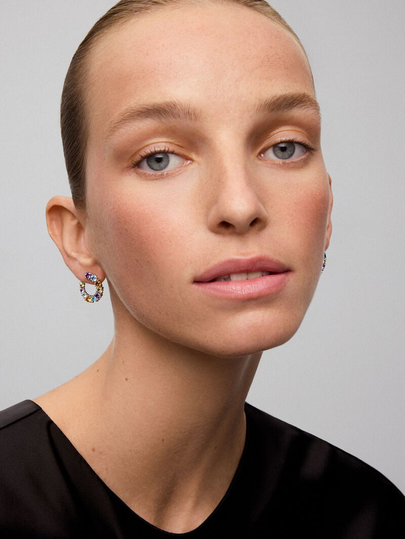 Open Silver Aro Earrings 925 with multicolored gems image number 3