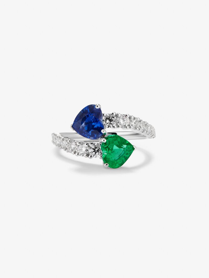 You and me ring in 18K white gold with intense blue pear-cut sapphire of 1.93 cts, pear-cut green emerald of 0.89 cts and 14 brilliant-cut diamonds with a total of 0.89 cts image number 2
