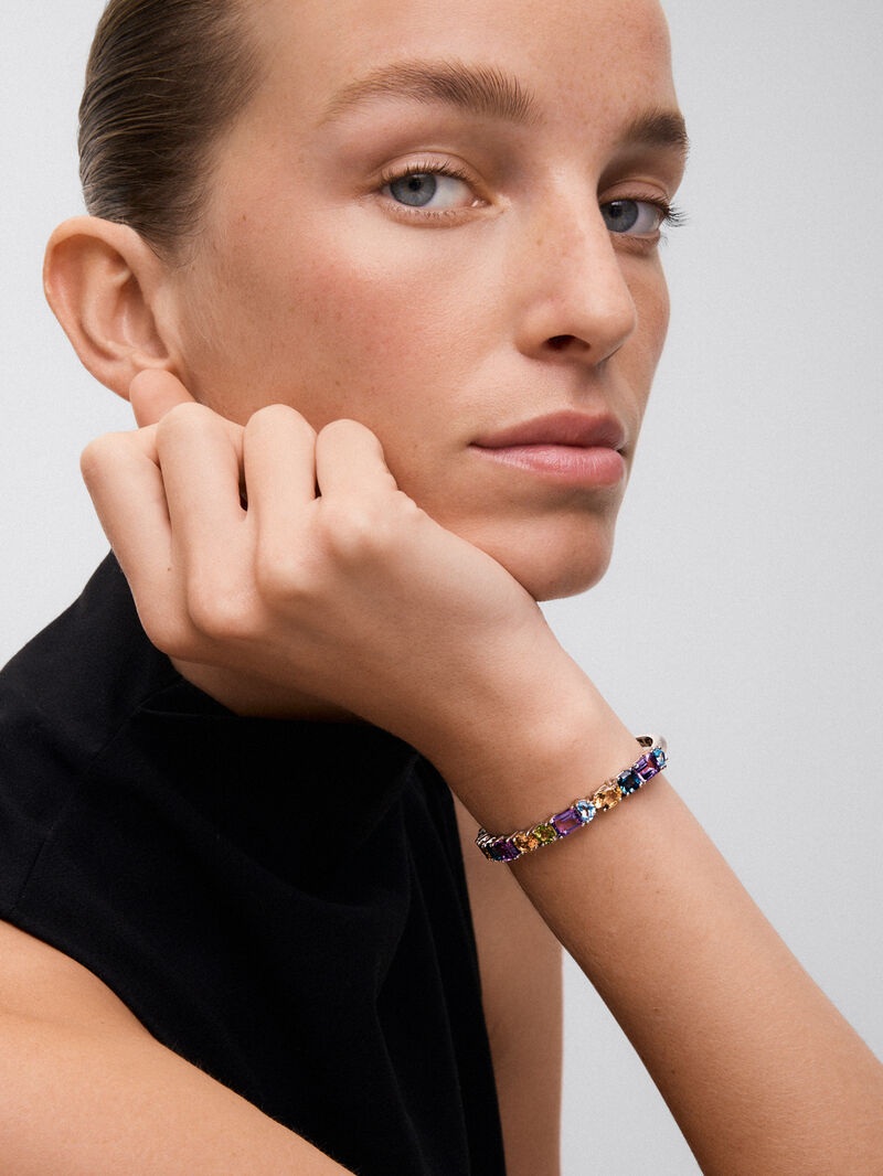925 silver rigid bracelet with multicolored gems image number 1