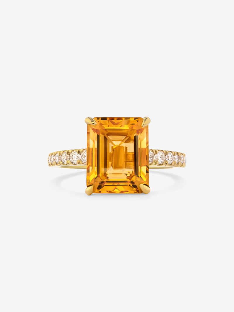18K yellow gold ring with radiant cut citrine quartz of 1.2 cts and 18 brilliant cut diamonds with a total of 0.18 cts image number 2