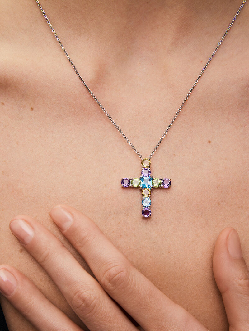 925 silver cross pendant with multicolored gems image number 3