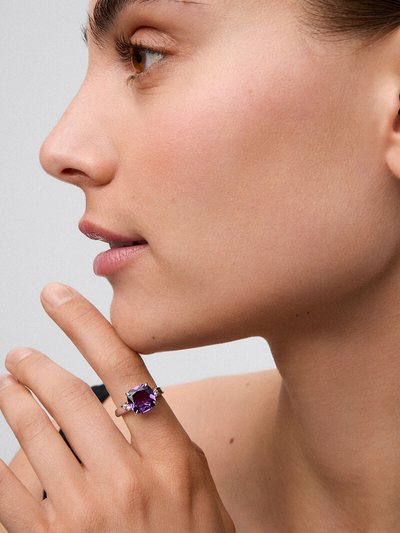 928 Silver Trilogy Ring with Amethyst and Diamonds image number 1