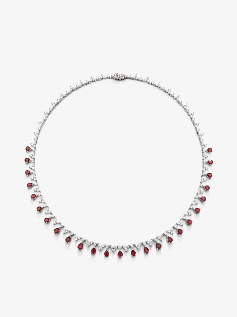 18K White Gold Rivière Collar with Red Rubyes in PESA Size 8.53 cts and White Diamonds in Bright Size 7.63 CTS image number 0