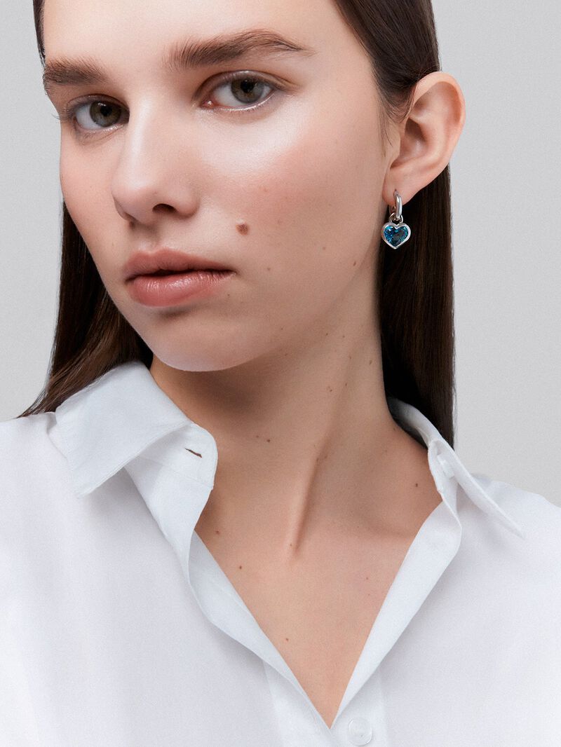 London Blue Topaz Stone Heart Silver Creole Earrings image number 1